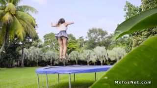 Massive tits babe bouncing on trampoline