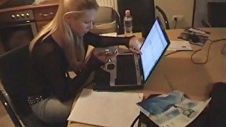 Svelte sexy smiling blondie has a phone conversation