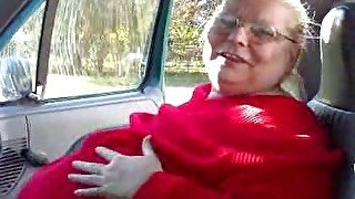 Filthy BBW grandma of my wife shows off her flabby juggs in car