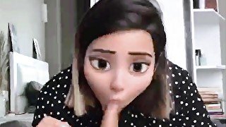 Girl with cartoon face suck big dick