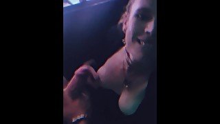 Transgirl blows straight guy in porn booth