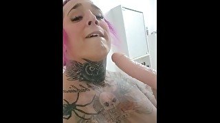 Shemale gag on huge dildo in the shower