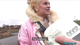 Blode Czech girl takes money to flash her tittes and perfect ass