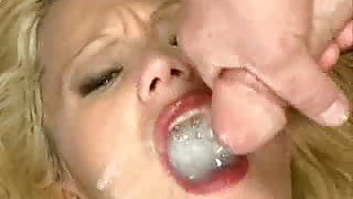 Slutty blonde whore swallows many men