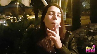 Smoking and foot fetish in outdoor with cute teen