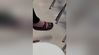 Girl Dangles Her Sandals In Class, Showing Off Her Nice Feet