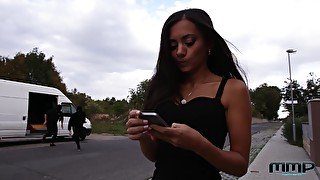 Two bandits fuck a hot girl in their van and that sexy coed is a real nympho