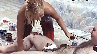 Sexy blond gets fucked and smeared with edible paint by neighbor