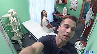 Nurse takes off her clothes to tease her patient and rides his dick