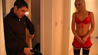 Stunning blonde model Alexandra Cat in red outfit gets fucked hard