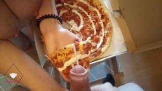 Milf eats cum on pizza