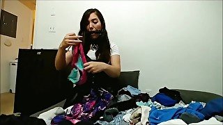 Submissive Folding Clothes In Corset, Collar And Gag