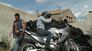 Outdoor cock riding and blowjobs with a horny gay couple