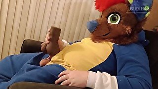 furry plays with Bad Dragon Snowball Masturbator and cums