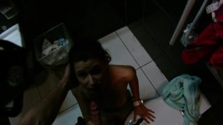 Horny babe exposes her body and fucks a long cock in a public restroom