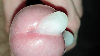 Play with precum, close-up, huge cumshot. Slow handjob, ruined cum