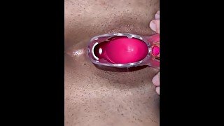 Speculum vibrator machine in tight pussy gets hard orgasm and dripping cream