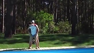 Horny jock fucks boyfriend at private outdoor pool