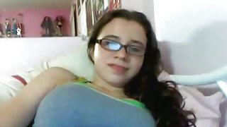 Cute nerdy girl with glasses rubs her hairy pussy on omegle