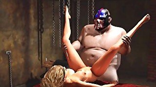 Super hardcore in a basement. Fat man fucks hard a sexy blonde slave