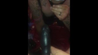 Slave husband cums on dildo and fucks wife with it 