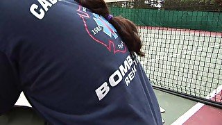 Horny amateur having a threesome in the tennis court