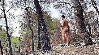 Risky naked hiking on the sunset! Almost get caught! Perfect ass man