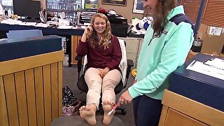 Shy Blonde Gets Her Gorgeous Feet Tickled At Work By Her Female Colleague