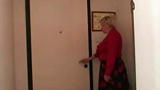 Two repairmen bang busty grandma from both ends