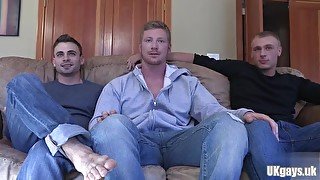 Muscle gay threesome with facial