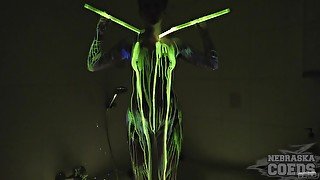 College girl pours glow stick liquid all over her hot body