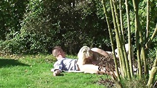 Czech BBW rides dick of her daughter's BF outdoors