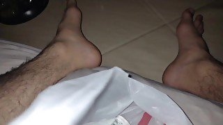 I was trying to cumshot in the bag but i miss and cum in my legs and feet