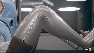 Constrained girl gives a footjob to her man's cock 3D