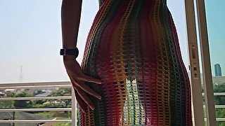 Huge Hat n Orgasm masturbation while tanning # Natural girl Hotel balcony adventure