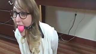 Gagged girl give job interview