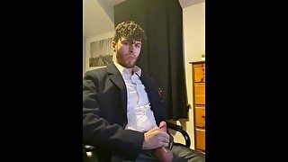 Lad in Suit Jerking Off After Work