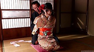 Japanese wife Aoi Tsukasa takes off her kimono and pleases her husband