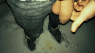 Mountain uncut cock pissing in the snow