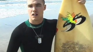 Chubby surfer boy strokes his meat after he's done at the beach