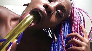 Ebony Teen Pearl Teasing With Dildo And Chocolate