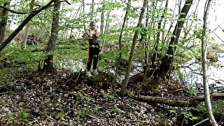 Outdoor strip and fuck by the lake with big cumshot in her face