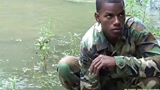 Cock-strong twink soldier by the river