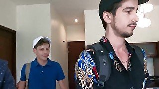 Muscular Latino and a pale lad having raw sex on the sofa