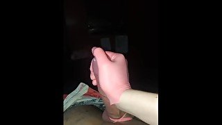 Fetish handjob in tight pink latex gloves