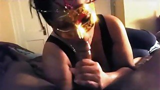 Anonymous masked brunette sucks partners cock giving deepthroat blowjob POV