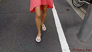 Mistress walking bare feet  in public