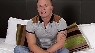 Inked jock MJ Mihangel interviewed jerking off and cumshot