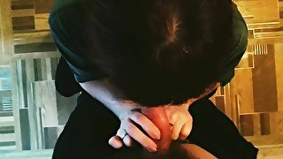 POV Mature quick blowjob and swollow when husband at work