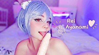 Rei Ayanami gets horny and cums with a dildo and vibrator